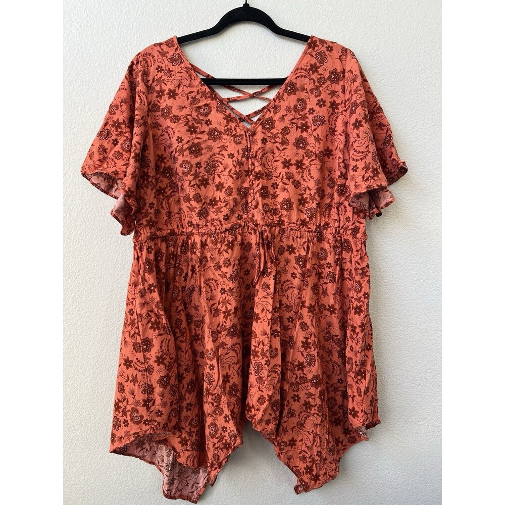 Torrid Terracotta Rust Orange Floral Kimono Top Lattice Back Hanky Hem Sz 2 2x
